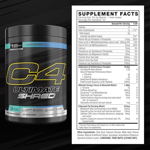 Image of Cellucor C4 Ultimate Shred Pre Workout Powder, Metabolism Supplement with Cayenne Extract+300mg Caffeine+TeaCrine+Dynamine - Frozen Bombsicle, 20 Servings
