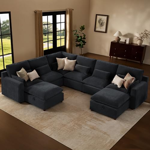 Image of WorthFurni Modern Modular Sectional Sofa,137 inch V Shape Sectional Cloud Couch with Storage Ottoman,Comfty 8 Seat Sofa for Living Room,Black Chenille