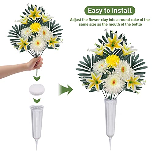 Nubato Artificial Cemetery Flowers For Grave, Set Of 2 Yellow Chrysanthemum Lilies Bouquet Memorial Flowers With Vase, Artificial Silk Grave Flower For Outdoor Cemetery Graveyard Gravestone Decoration #TOP2