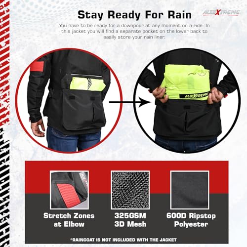 Image of Allextreme RALLY Unisex Motorcycle Touring Riding Jacket Polyester & Mesh Fabric with Abrasion Resistance Impact Protection Back Elbow Shoulder CE Lvl 2 Certified Armour Chest for Bikers (S, Black)