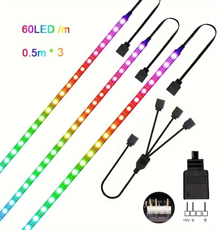 Miniatura 6 de Tira de luz RGB para carcasa de PC, 3 x 19.7 pulgadas, 90 LED, tira LED direccionable para placa base, 5 V, 3 pines, funda de juegos, iluminación de