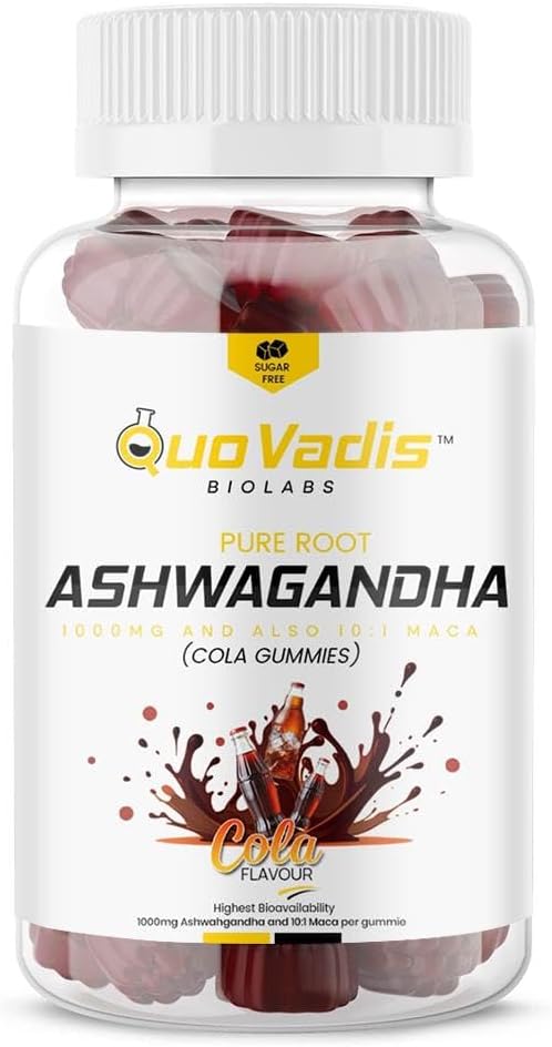 Ashwagandha High Strength Pure Root 2000mg Cola Flavour Gummies, Vitamin b6, Gluten and Sugar Free, 100mg Maca + Black Pepper by Quo Vadis bio Labs