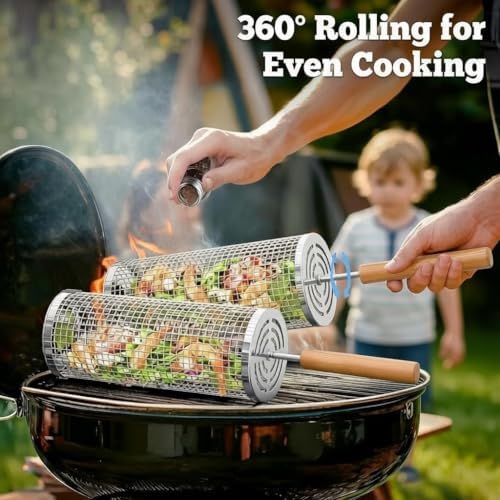 2 Pack Rolling Grill Basket, Removable Wooden Handle, 304 Stainless Steel, Smoker BBQ Accessories for Vegetable Fish Meat, Outdoor Grill Camping Backyard Cooking, Nesting BBQ Tools Birthday Gifts for Men Dad Husband — view 2