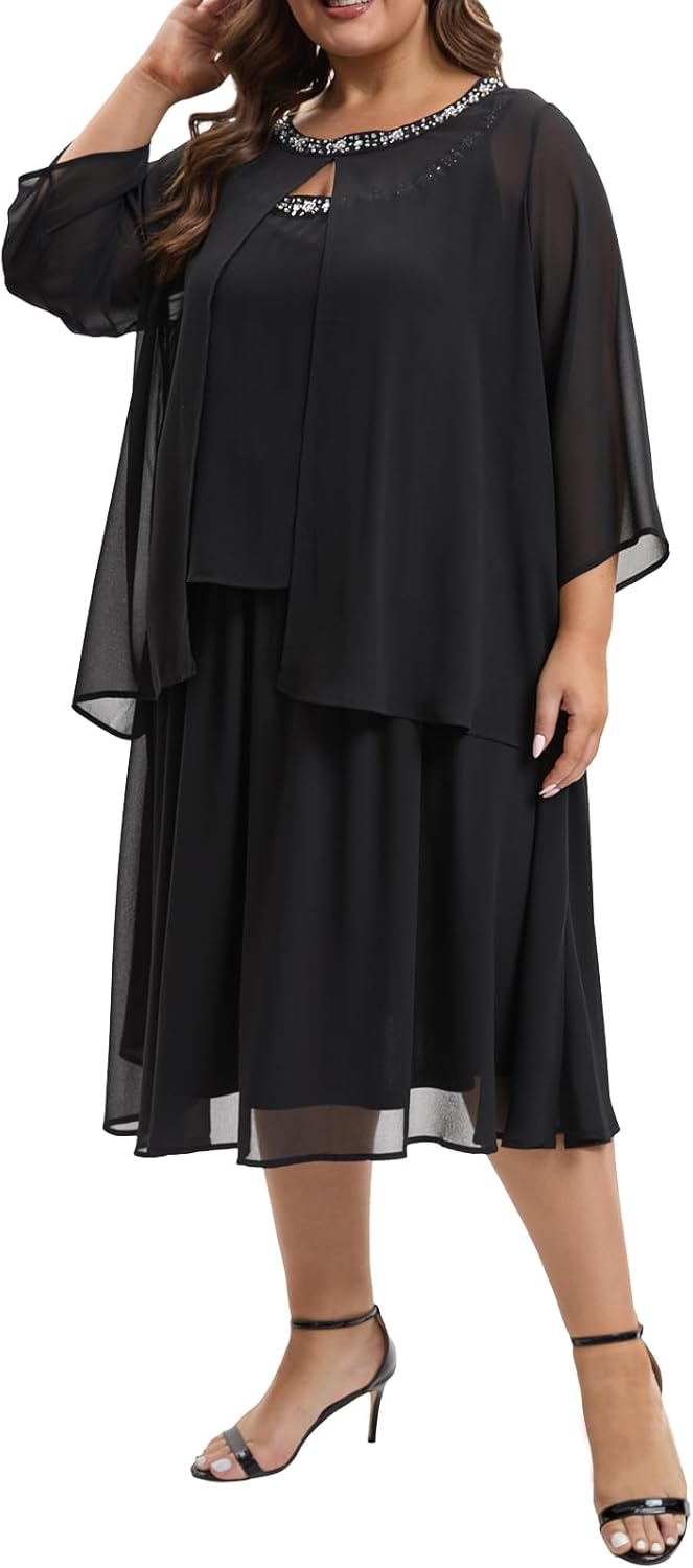 Plus Size Mother of The Bride Chiffon Dress and Jacket 2 Piece Set with Beaded Round Neck for Formal Wedding Guest Outfit - Image 7