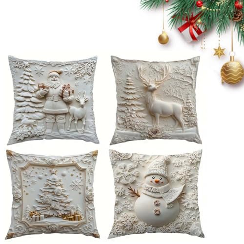 Winter-Kissenbezüge, 4er-Set, weiße Weihnachtsmotive, niedlicher...