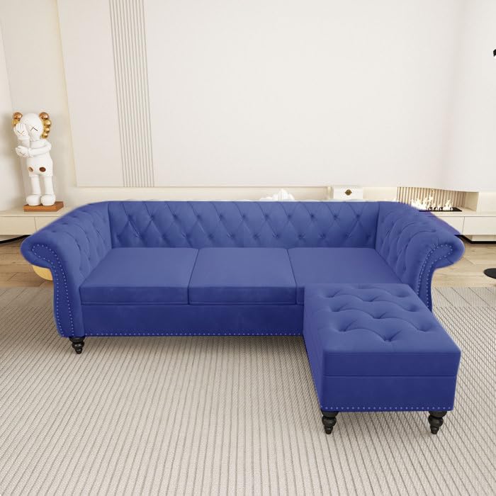 Image of Chesterfield Velvet 3 Seater Round Arm Sofa + Ottoman Modern Sofa for Your Loving Space, Bedroom, Living Room, Offices (Blue)