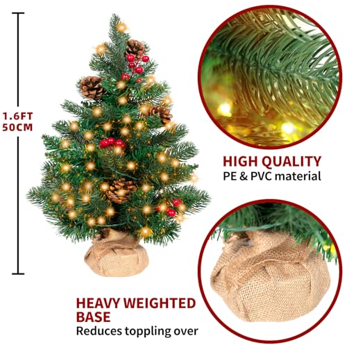 50cm Mini Weihnachtsbaum mit 36 LEDs in Warmweiß, Christmas Tree für Innen und Außen Tischplatte Tannenbaum, Schwer Entflammbar Tisch Christbaum klein für Weihnachtsdeko, Grün Tannenbaum Led Klein