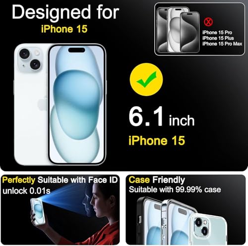 Image of Ferilinso Screen Protector for iPhone 15, Tempered Glass, Case Friendly | 3 Pack, 9H+ Hardness, Military-Grade Shatterproof, HD Clear, Easy Installation Bubble Free, with Camera Lens Protectors