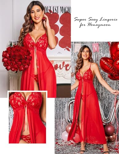 Image of SSoShHub Women Lingerie Lace Babydoll Dress Open Front Sleepwear Long Sheer Nightgowns V Neck Nightwear for Wife, Women Wedding Valentine Special Night Occasion Festival