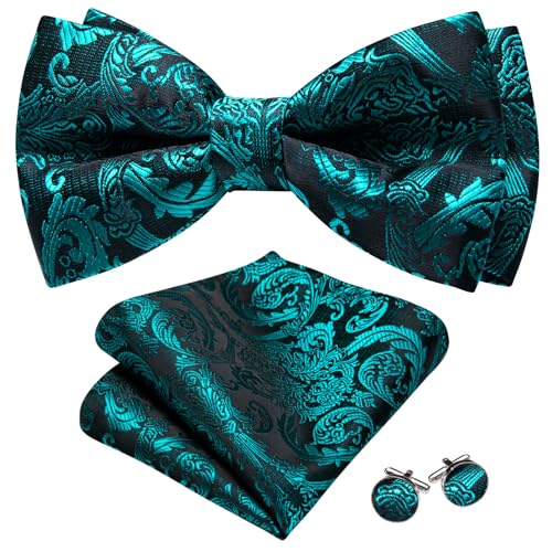 Image of Barry.Wang Paisley Striped Bow Tie for Men Silk Pre-Tied Bowtie Pocket Square Cufflinks Set Formal Wedding Party Prom