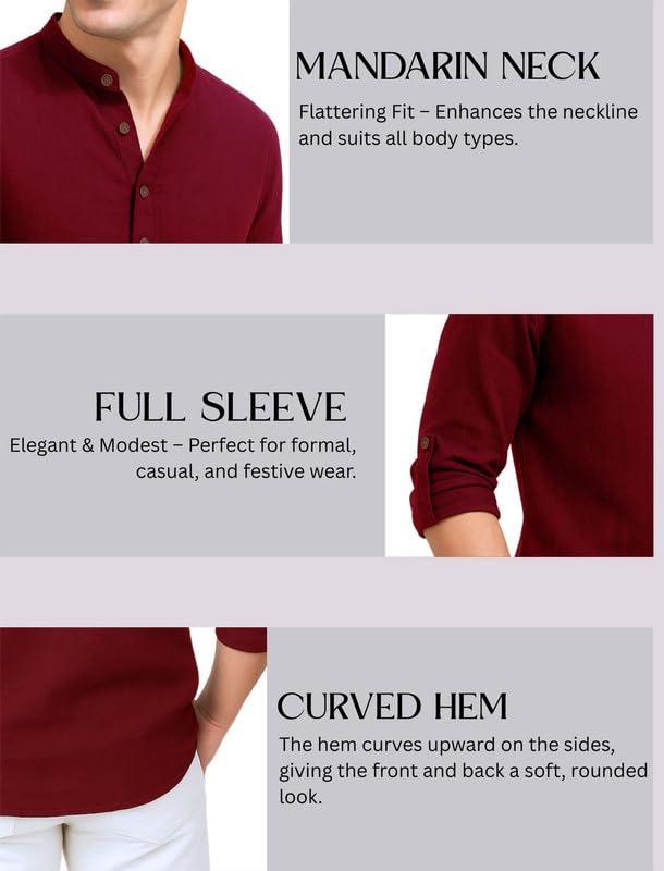 Image of DEEMOON Men's Cotton Blend Solid Regular Fit Full Sleeve Short Kurta | Men's Trendy Short Kurta