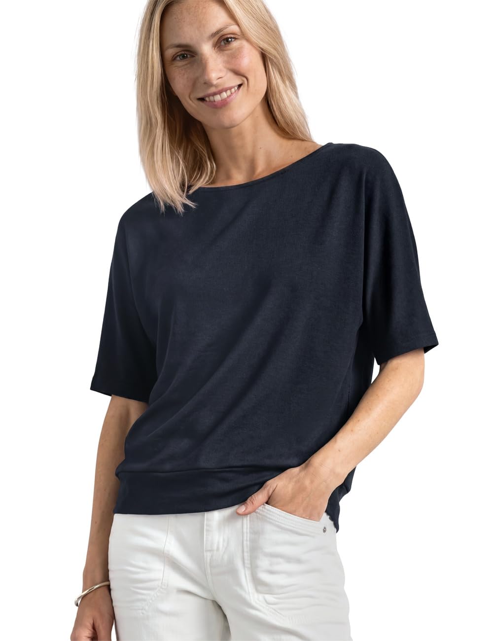 Street One Basic Shirt with Boat Neck and Elastic Waistband Darkest Blue 42