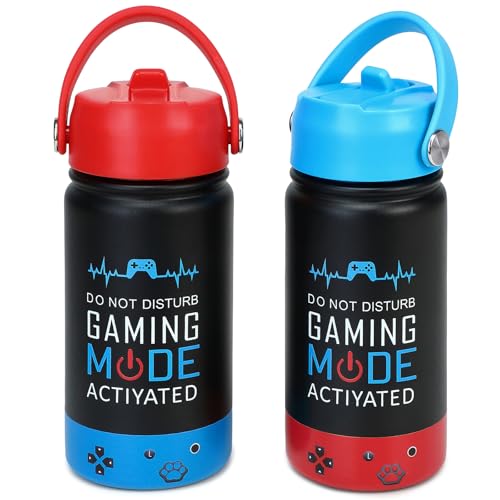 Image of Kids Insulated Water Bottle with Straw Lid, 14oz Double Wall Vacuum Stainless Steel Tumbler, Leak Proof Reusable Metal School Cup for Boys Girls, Keep Cold 24H Hot 12H (Blue-Red-A(Pack 2))