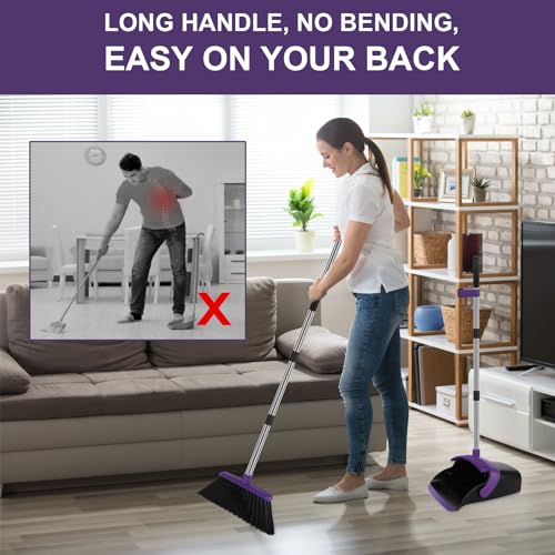 Large Broom and Dustpan Set, Purple Broom with Dustpan Combo Set, 55" Long Handle Broom, Self Cleaning Dustpan, Ideal for Home and Dog Cat Pets