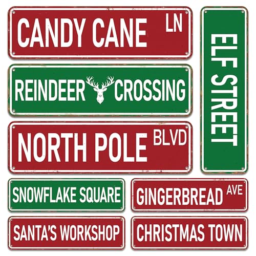 Candy Cane Lane Christmas Decorations 8 Pack Double-Sided Vintage Street Signs of North Pole/Santas Workshop/Gingerbread & More All-Weather Outdoor Christmas Signs Yard Tree Ornament 4 x 14 Inch