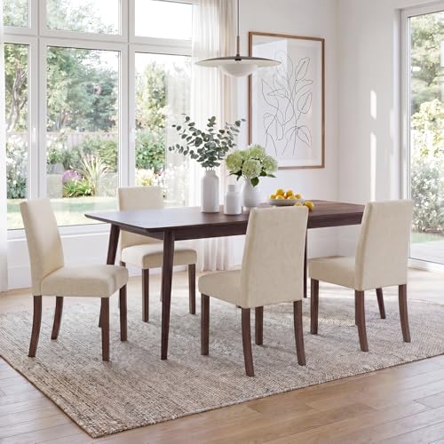 Image of Upholstered Dining Chairs Set of 4, Mid-Century Dining Room Chairs with Wooden Legs, Farmhouse Fabric Parsons Chairs for Small Space Restaurant & Cafe- Beige