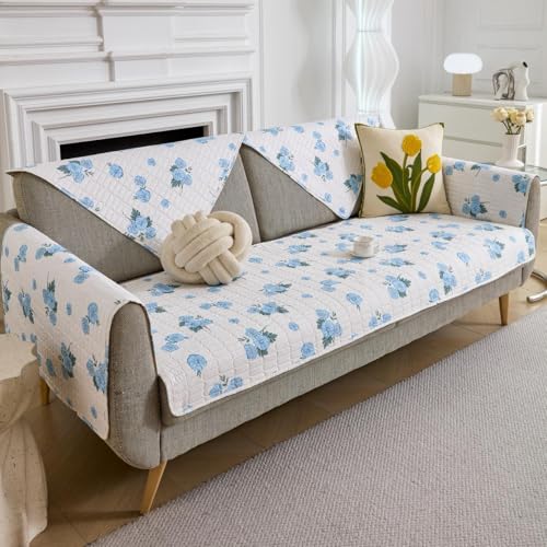 Image of HOMETHREADS Anti-Skid Sofa Protector Mat: Premium Printed Cotton Slipcover with Strong PVC Non-Slip Backing, (White Blue, 1Pc Backrest | 70x75cm)