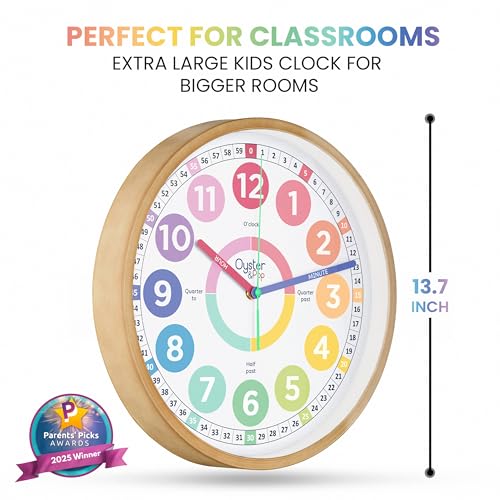 Large Pastel Learning Clock for Kids – 14" Silent Cute Wall Clock for Classroom & Children’s Bedroom – Non-Ticking Analog Teaching Clocks – Includes E-Book Guide to Help Kids Learn to Tell Time Easily