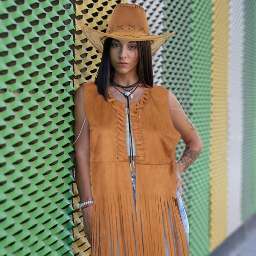 Women Fringe Vest 70s Western Cowgirl Outfits Vest Top Hippie Sleeveless Tassel Jacket with CowboyHat and Necklace4