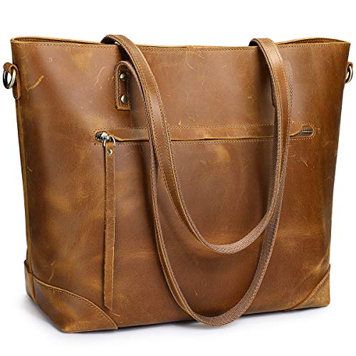 S-ZONE Vintage Genuine Leather Shoulder Tote Bag for Women Purse Handbag with Back Zipper Pocket (Light Brown)