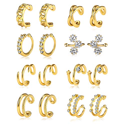 8 Pairs Gold Ear Cuffs Set for Women Non Piercing Cuff Earrings Sparking Adjustable Helix Wrap Earrings Set Clip on Cartilage