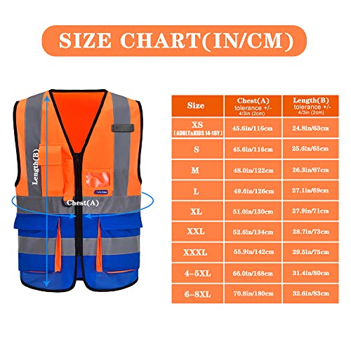 Image of Orange Blue XSMALL High Visibility REFLECTIVE WORK Safety Vest with zipper Reflective Strips 7 Pockets