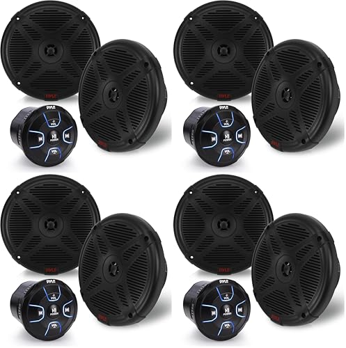 Image of Pyle 6.5'' Dual Marine Speakers Kit - Waterproof-Rated w /Amplified Bluetooth Remote Control Receiver for Powersport Vehicles, IP65 Marine Grade Rating, 600 Watt Max Power PLMRKT8 (Pack of 4)