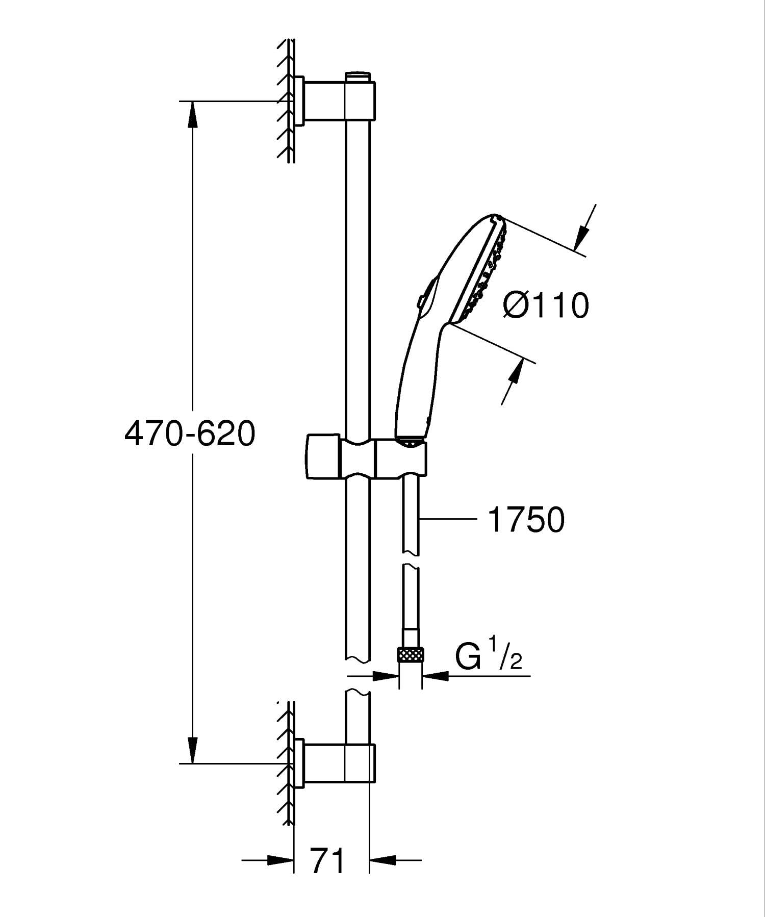 GROHE Vitalio Start 110 Set Saliscendi Doccia (3 getti Rain Jet Massage, asta 600 mm, flessibile 1,75 m, SpeedClean anticalcare), Cromo, 26032001
