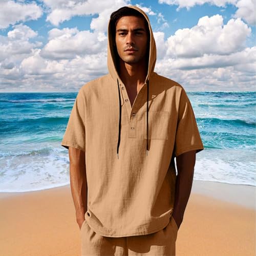 Men's Short Sleeve Cotton Linen Shirts Casual Summer Beach Hooded Shirts Lightweight Breathable Solid Color Sweatshirts2