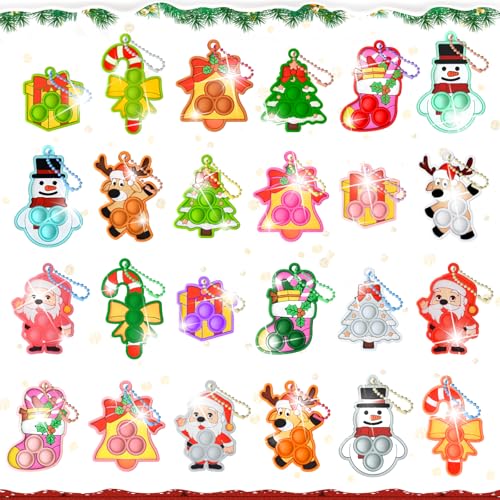 Yozexin 24Pcs Christmas Party Bag Fillers for Kids: Pop Fidget Toys Gifts with 24 Christmas Cards and 24P Stocking Stuffers Keyrings Christmas Eve Box Fillers Kids Party Favours