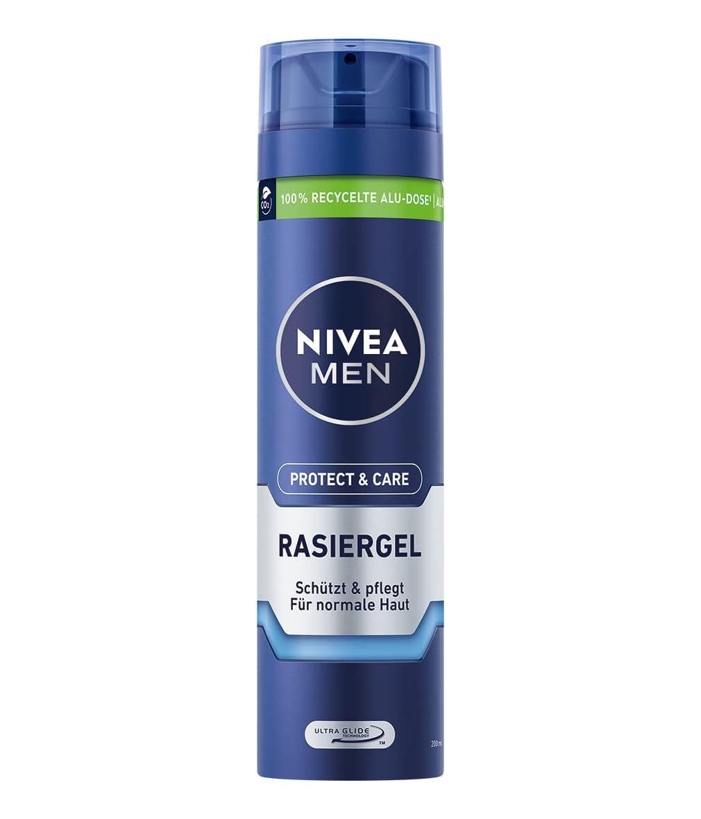 NIVEA MEN Protect & Care żel do golenia (200 ml), ochrona i pielęgnacja dla delikatnego golenia, przyjazny dla skóry żel do golenia dla mężczyzn z aloesem i pantenolem