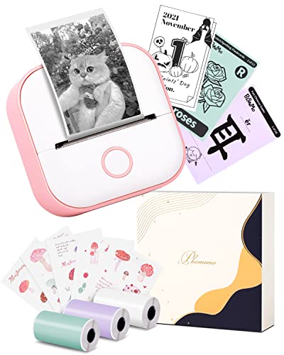 Memoking Mini Aufkleberdrucker T02 Kleiner Thermodrucke, Tragbarer Kabelloser Notizdrucker mit 3 Rollen Papier für Kindertag, Geburtstag, Kompatibel mit iOS & Android, Pink