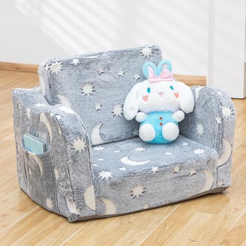 Kids Convertible Sofa To Lounger | 2-in-1 Flip Open Couch & Sleeper | Grey Sheepskin Plush Children's Furniture