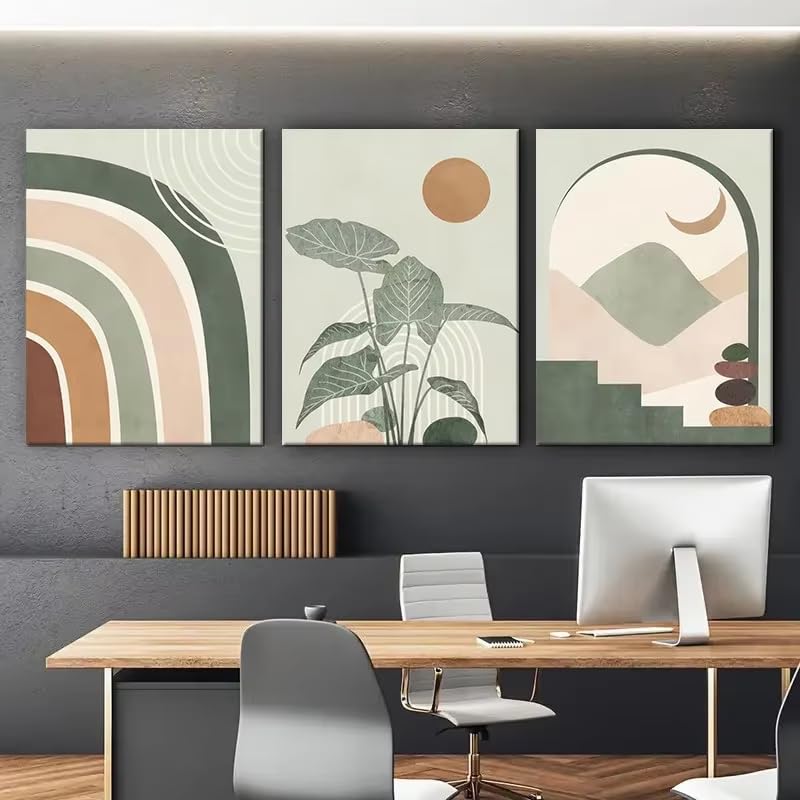 Affiche botanique vert sauge pour chambre : triptyque de toiles abstraites AEFOUU