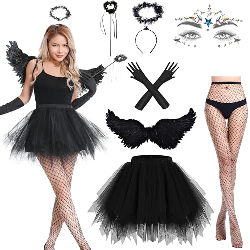 Aragallant Teufel Kostüm Damen, 7 Stück Engel Kostüm mit 80CM Engel Flügel Heiligenschein Zauberstab und Strumpf, Verkleidung Damen für Karneval...