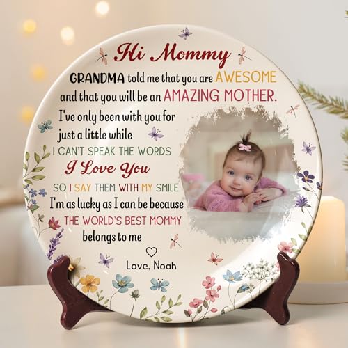 Macorner Personalized Ceramic Plate Custom Photo, for Mom, Mom Birthday Gifts, The World's Best Mommy Belongs to Me First Mom Gift, New Mom Gifts, Gifts for Daughter Adult