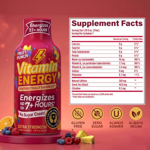 Image of Vitamin Energy Fruit Punch Extra Strength Energy Shot, 48 Pack - Up to 7 Hrs, 260mg Natural Caffeine, Zero Sugar - Green Tea Extract, Immune Support, B12 B6 Niacin, 1.93 fl oz, Keto Vegan