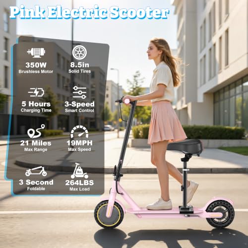 Image of Electric Scooter, Folding E Scooter for Adults with Seat, 350W Motor, 8.5 inch Solid Tires, Cruise Control, 19MPH, 21Mile Range Portable Teens Commuter Escooter, Dual Brake