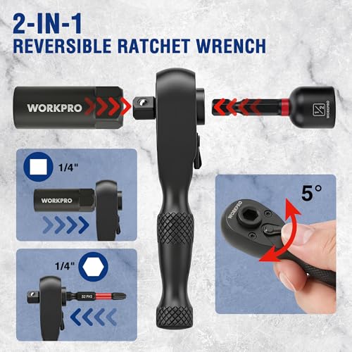 Image of WORKPRO 98-Piece Magnetic Nut Driver Set, Impact Driver Bits, Metric & SAE Cr-V Nut Drivers with Bit Holder, Universal Socket, Socket Adapter, Wing Nut Driver, Ratchet Handle, Quick-Release Extension