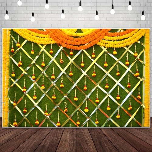 Image of India Diwali Backdrop Puja Hindu Mehndi Festival Background Ganpati Pooja Backdrop India for Bridal Shower Wedding Party Marigold Garlands Photo Props 7X5FT