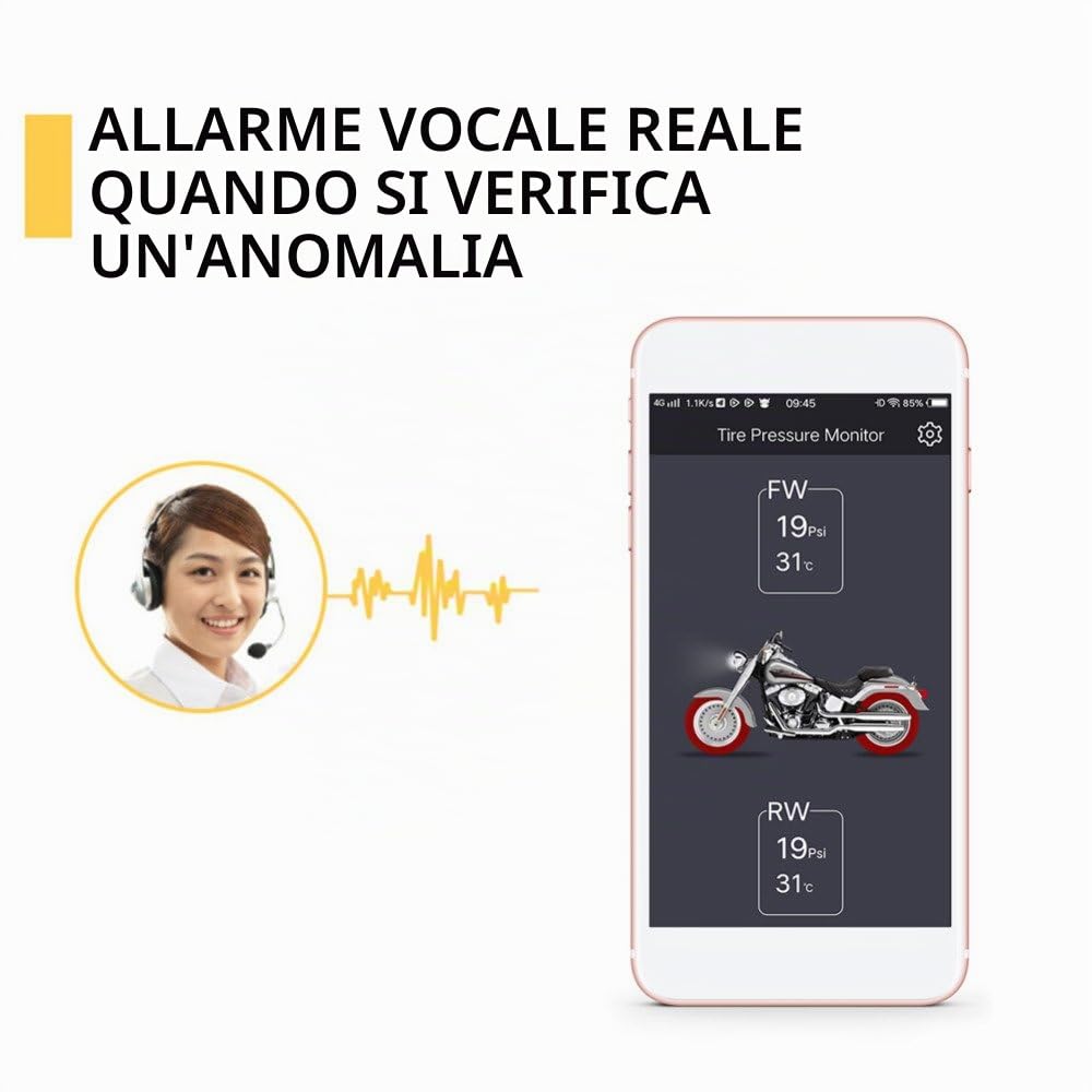 Moto Bluetooth Sistema di Monitoraggio Pressione Pneumatici TPMS Telefono Mobile APP Rilevamento 2 Sensori Esterni (Nero)
