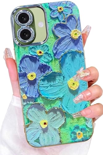 Image of Elzzi Compatible with iPhone 17 Case Oil Painting Flower Colorful with Lens Prtotection Shockproof PC+TPU Glossy Back Cover for Girls Women, Green