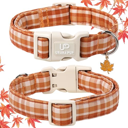 Image of Fall Plaid Dog Collar with Maple Leaf Charm - Adjustable Autumn Checkered Dog Collar for Small Medium Large Dogs, Soft Cotton Puppy Collars with Quick Release Buckle and Metal D-Ring