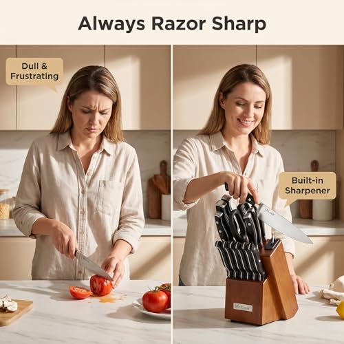 Image of McCook Knife Sets,German Stainless Steel Kitchen Knife Block Set with Built-in Sharpener, 15-Piece Razor-Sharp Kitchen Knives, Forged Triple Rivet,Full Tang,Ergonomic Handle,Elegant Box for Gift