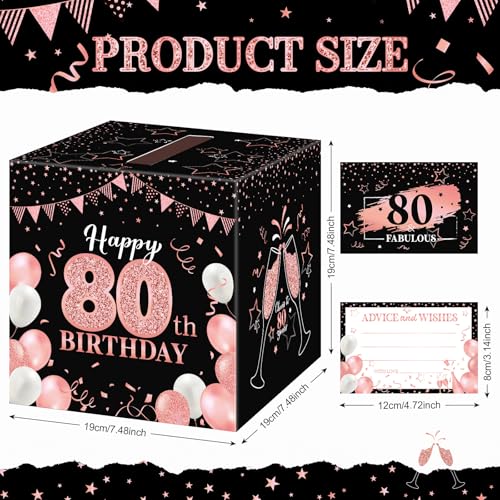 Image of Funrous 80th Birthday Party Message Card Box Cheers to 80 Years Black Rose Gold Advice and Wishes Greeting Card Memory Box for Women Birthday Decorations Party Supplies Anniversary Tables Sign Decor