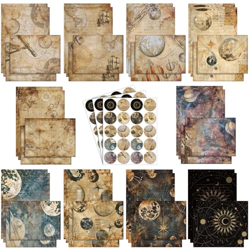 Image of TaoBary 160 Pcs Space Spoon Stationery Paper and Envelopes Set 50 Double Sided Lined Stationery Paper with 50 Matching Envelopes and 60 Round Dot Sticker 5.5 x 8.25'' Letter Writing Kit, 10design