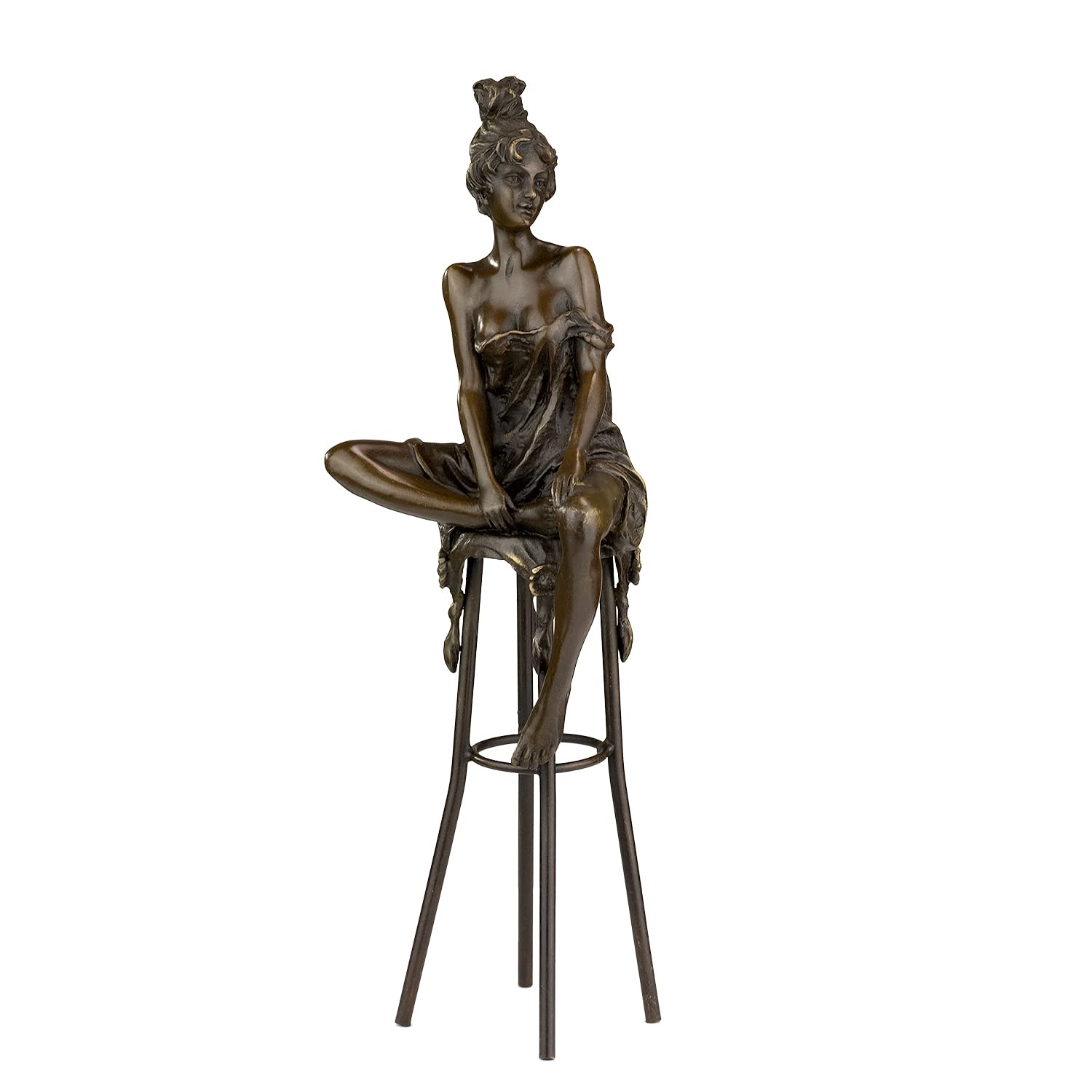 Moritz Bronze Frau auf Barhocker Knie angezogen 25,5 cm Akt Skulptur Deko | Massive Handarbeit, sitzende Dame mit Hochsteckfrisur und angewinkeltem Bein, Frauenfigur, Wohndeko und Geschenk