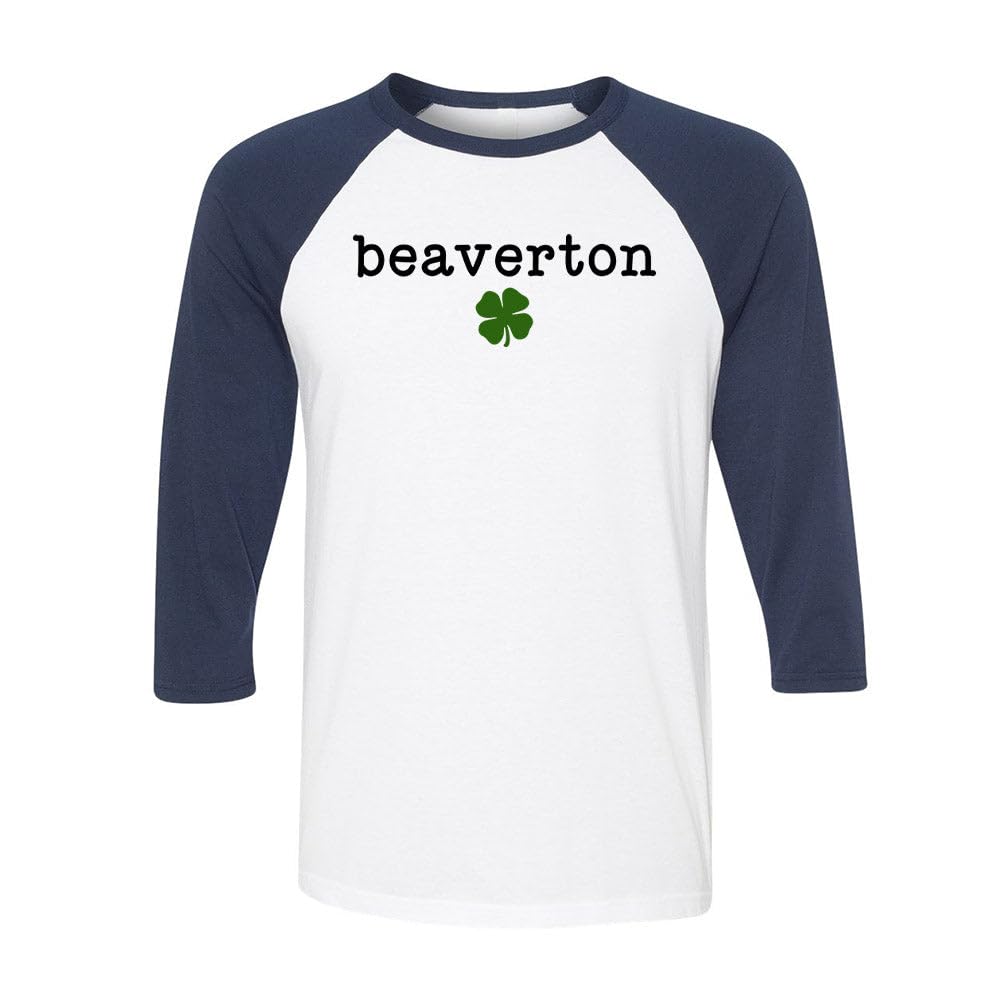 TeesAndTankYou Beaverton Shamrock Three-Quarter Raglan Sleeve Baseball Shirt Unisex Medium White/Navy