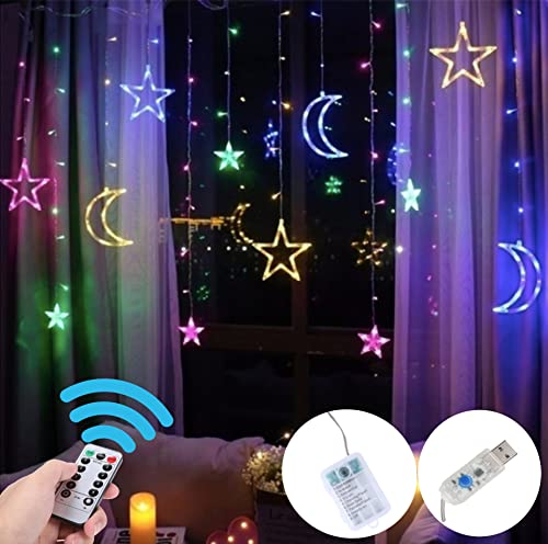 Eid Decor 138 LED Indoor Outdoor Curtain Lights Twinkle Star and Moon Festive Party Decoration Fairy Lights Remote Control + USB and Battery Pack (12 Moon Star_LED)