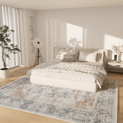 Washable Living Room Area Rugs: 6'x9' Large Rug Stain Resistant Distressed Vintage Boho Rug Non Slip Low Pile Faux Wool Soft Rug for Bedroom Bedside Kitchen Dining Room Nursery Kids Playroom Farmhouse